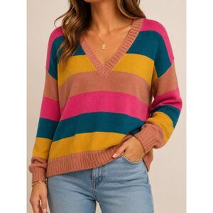 Billabong Colorblock Striped V-Neck Sweater Women’s M Pink Teal Mustard Boho